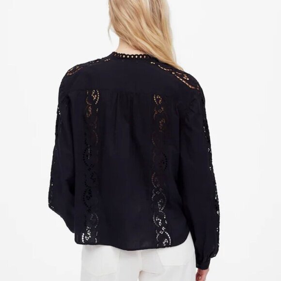 NWT Madewell Black Lace-Inset Pintucked Button-Up Top - Size: XXS - Picture 12 of 13